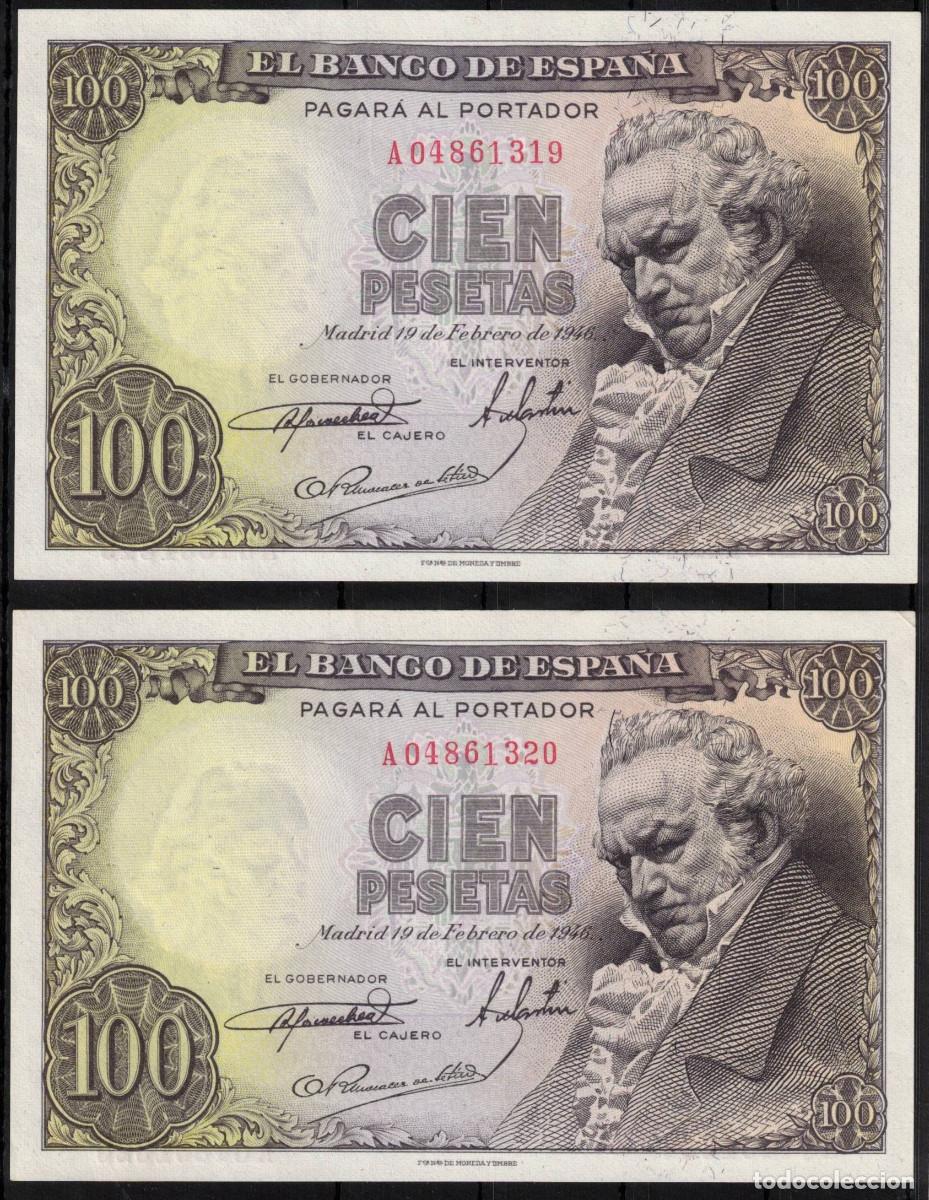 Billetes espa&ntilde;oles: PAREJA CORRELATIVA BILLETES ESPA&Ntilde;A 100 PESETAS 1946 GOYA - SERIE A - SC-
