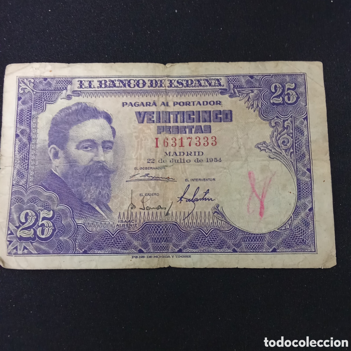 Billetes espa&ntilde;oles: Espa&ntilde;a 25 pesetas a&ntilde;o 1954