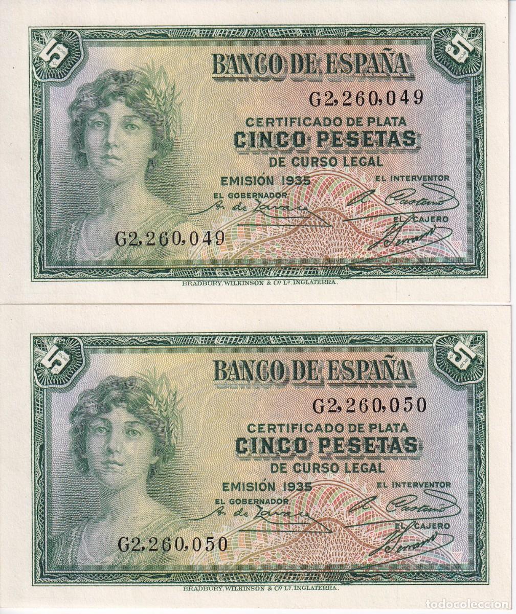Spanische Banknoten: PAREJA CORRELATIVA DE 5 PTAS DEL A&Ntilde;O 1935 SERIE G SIN CIRCULAR (SC) (CERTIFICADO DE PLATA)