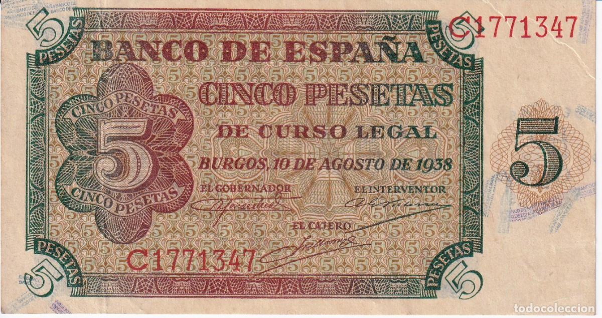 Spanische Banknoten: BILLETE DE BURGOS DE 5 PESETAS DEL 10 DE AGOSTO DE 1938 SERIE C EN CALIDAD EBC