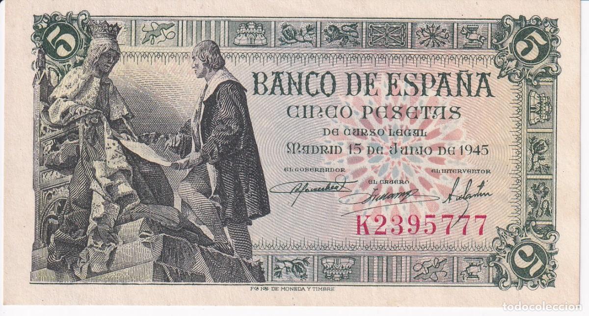 Banconote spagnole: BILLETE DE ESPA&Ntilde;A DE 5 PESETAS DEL A&Ntilde;O 1945 DE ISABEL LA CATOLICA - COLON SERIE K SIN CIRCULAR (SC)