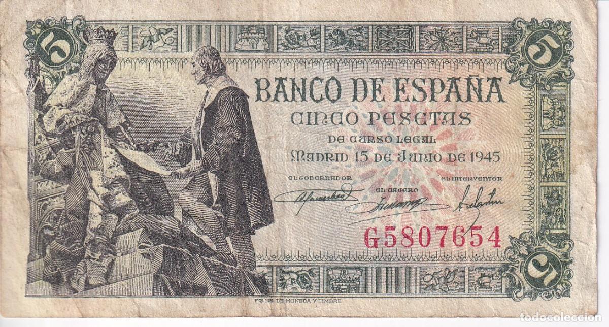 Spanische Banknoten: BILLETE DE ESPA&Ntilde;A DE 5 PESETAS DEL A&Ntilde;O 1945 DE ISABEL LA CATOLICA - COLON SERIE G