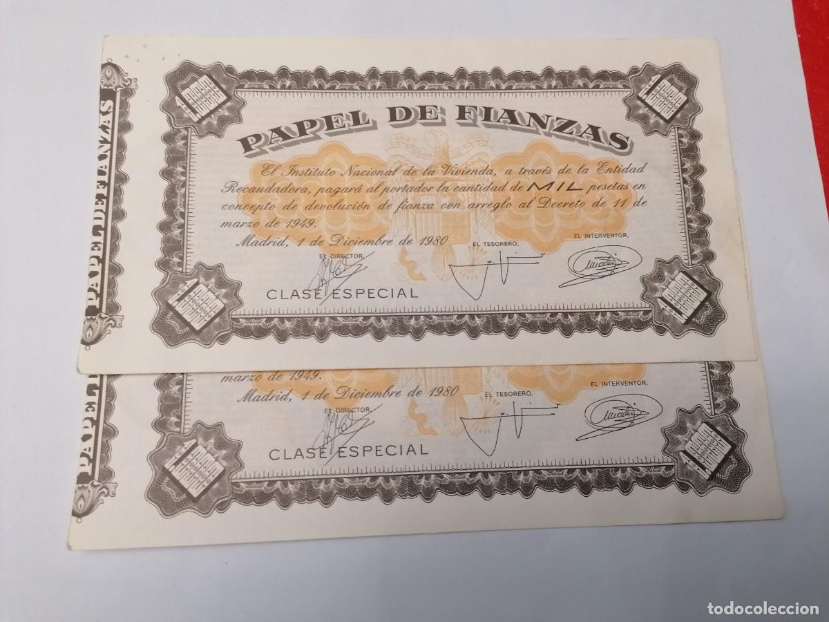 Billetes espa&ntilde;oles: 1000 pesetas, papel de fianzas,1980, pareja con n&uacute;meros seguidos, lote, sin circular