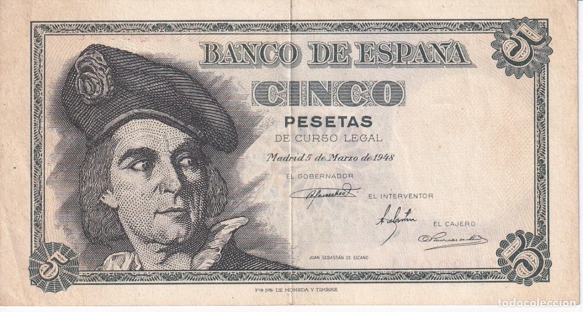 Spanische Banknoten: BILLETE DE 5 PESETAS DEL A&Ntilde;O 1948 DE ELCANO SERIE M EN BUENA CALIDAD