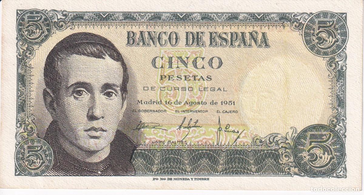 Spanische Banknoten: BILLETE DE 5 PESETAS DEL 16/08/1951 DE JAUME BALMES SERIE L SIN CIRCULAR (SC)