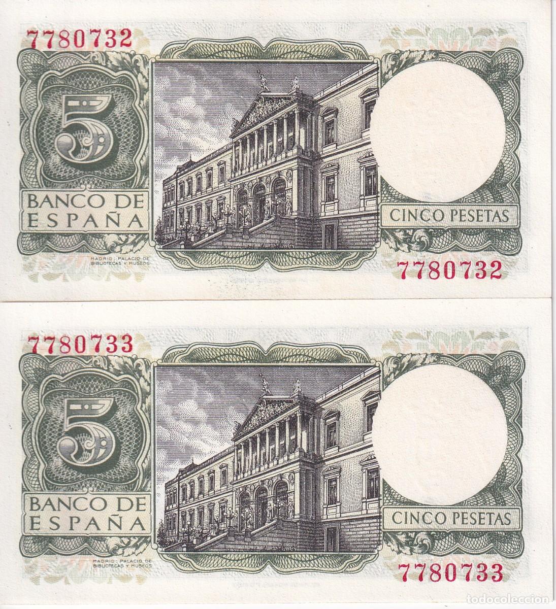 Notas espanholas: PAREJA CORRELATIVA DE 5 PESETAS DE ALFONSO X DEL A&Ntilde;O 1954 SIN SERIE SIN CIRCULAR (SC)