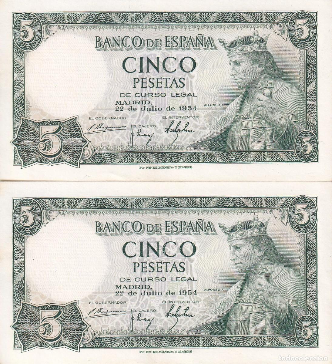 Notas espanholas: PAREJA CORRELATIVA DE 5 PESETAS DE ALFONSO X DEL A&Ntilde;O 1954 SERIE H SIN CIRCULAR (SC)
