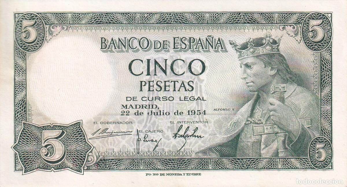 Billetes espa&ntilde;oles: BILLETE DE 5 PESETAS DE ALFONSO X DEL A&Ntilde;O 1954 SERIE H SIN CIRCULAR (SC)