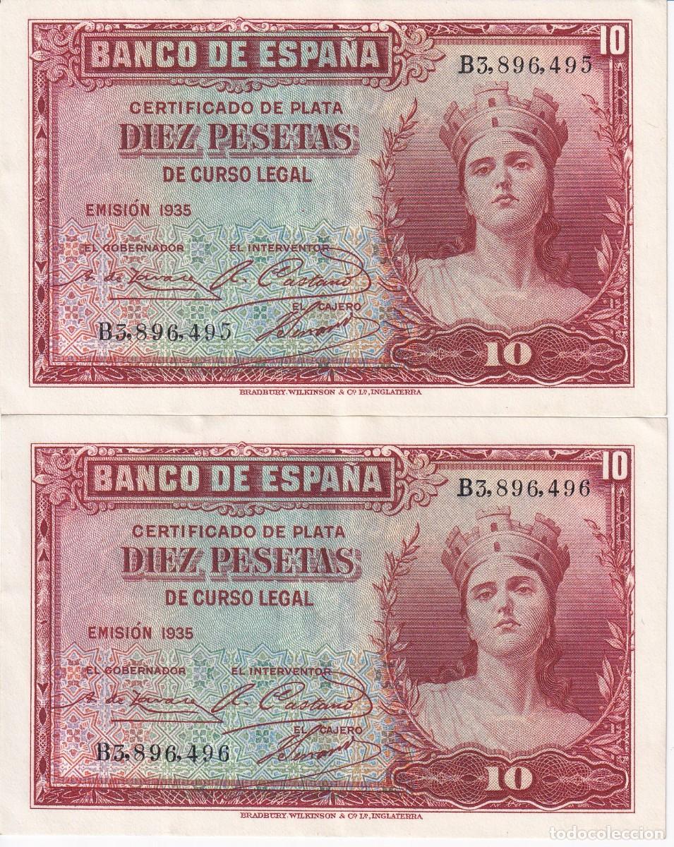 Spanish Banknotes: PAREJA CORRELATIVA DE 10 PESETAS DEL A&Ntilde;O 1935 SERIE B EN CALIDAD EBC (CERTIFICADO DE PLATA)