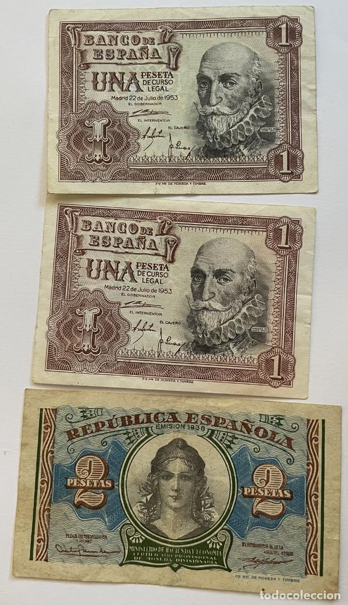 Billetes espa&ntilde;oles: Lote 3 Billetes Antiguos: 2 Pesetas Rep&uacute;blica 1938 + Dos Billetes 1 Peseta 1953 (Circulados).