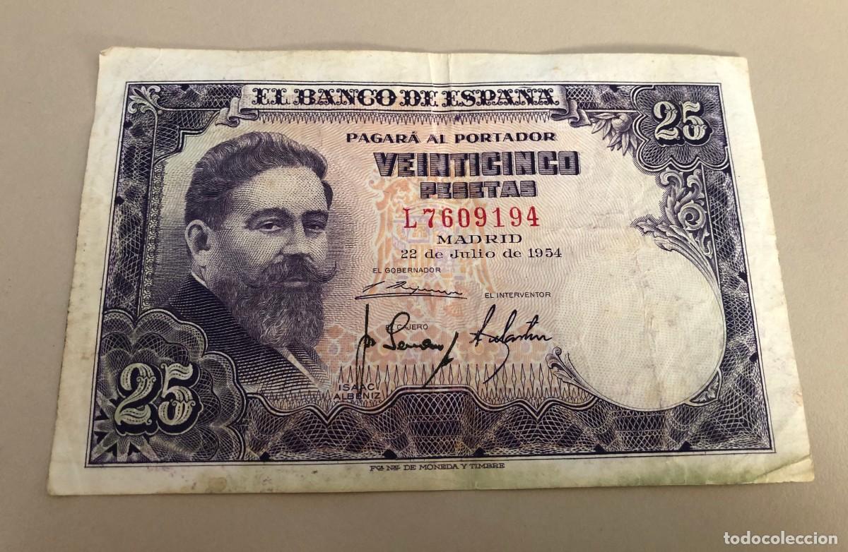 Billetes espa&ntilde;oles: Billete de 25 pesetas de 22 de julio de 1954 de la posguerra espa&ntilde;ola.