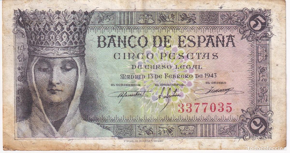 Billets espagnols: BILLETE DE 5 PESETAS DEL A&Ntilde;O 1943 DE ISABEL LA CATOLICA SIN SERIE