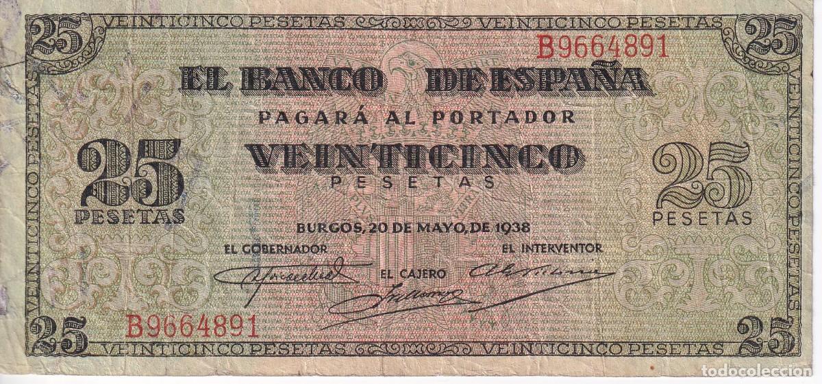 Banconote spagnole: BILLETE DE BURGOS DE 25 PESETAS DEL A&Ntilde;O 1938 DE LA SERIE B