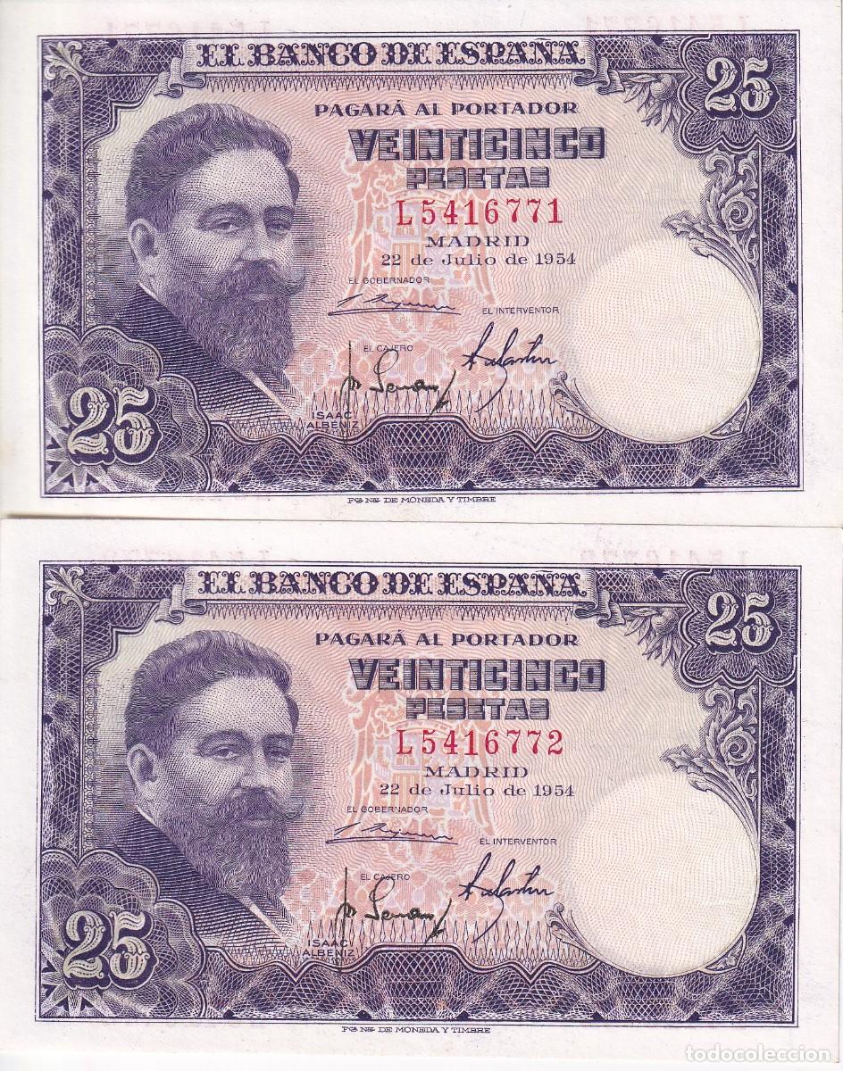 Banconote spagnole: PAREJA CORRELATIVA DE 25 PESETAS DEL A&Ntilde;O 1954 DE ISAAC ALBENIZ SERIE L SIN CIRCULAR (SC)