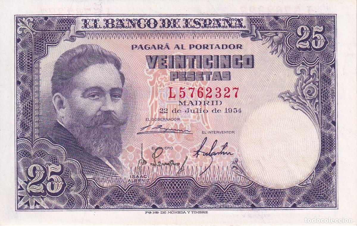 Banconote spagnole: BILLETE DE 25 PESETAS DEL A&Ntilde;O 1954 DE ISAAC ALBENIZ SERIE L SIN CIRCULAR (SC)