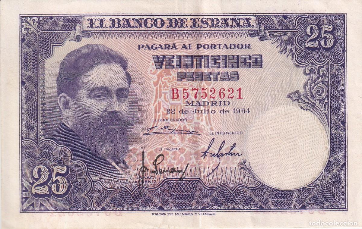 Banconote spagnole: BILLETE DE 25 PESETAS DEL A&Ntilde;O 1954 DE ISAAC ALBENIZ SERIE B EN CALIDAD EBC