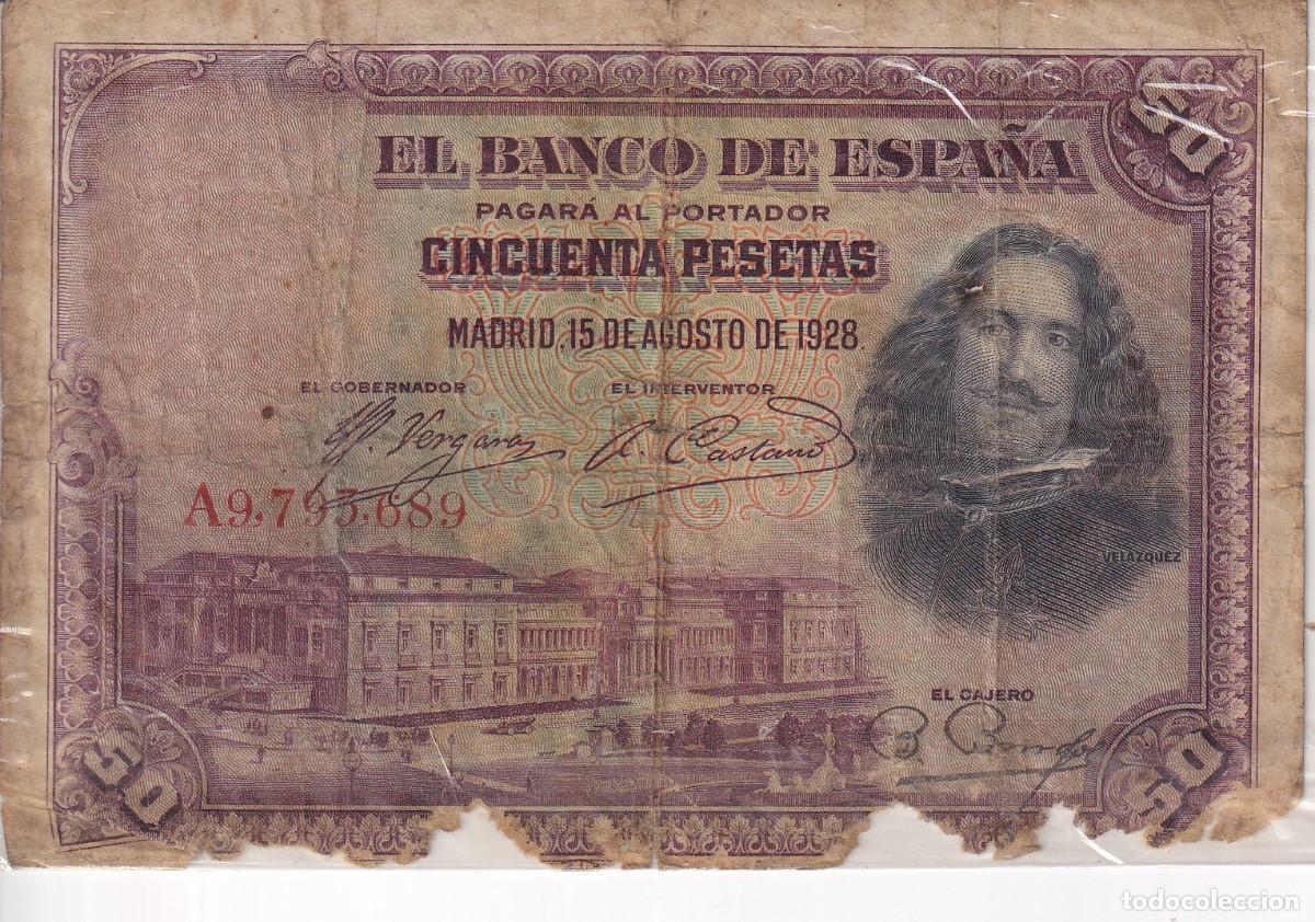 Banconote spagnole: BILLETE DE 50 PESETAS DEL A&Ntilde;O 1928 CON PUBLICIDAD DE CAMISERIA Y SASTRERIA GALES