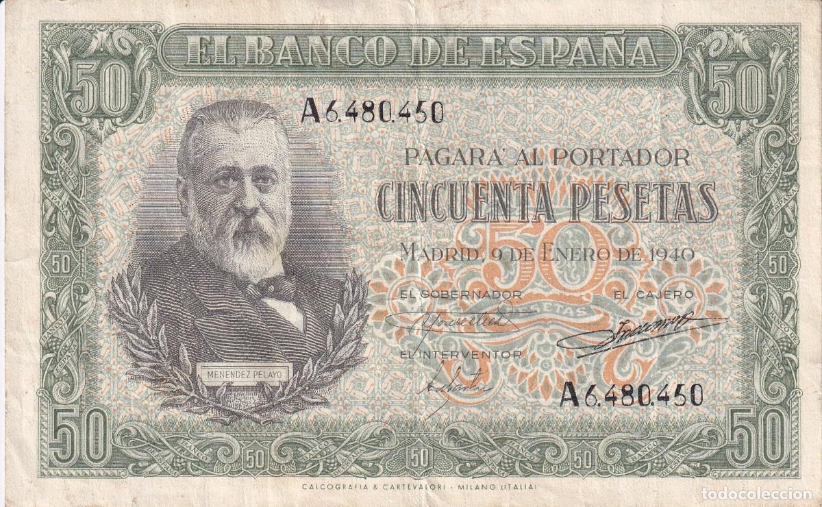 Banconote spagnole: BILLETE DE 50 PESETAS DEL A&Ntilde;O 1940 DE MENENDEZ PELAYO DE LA SERIE A EN BUENA CALIDAD