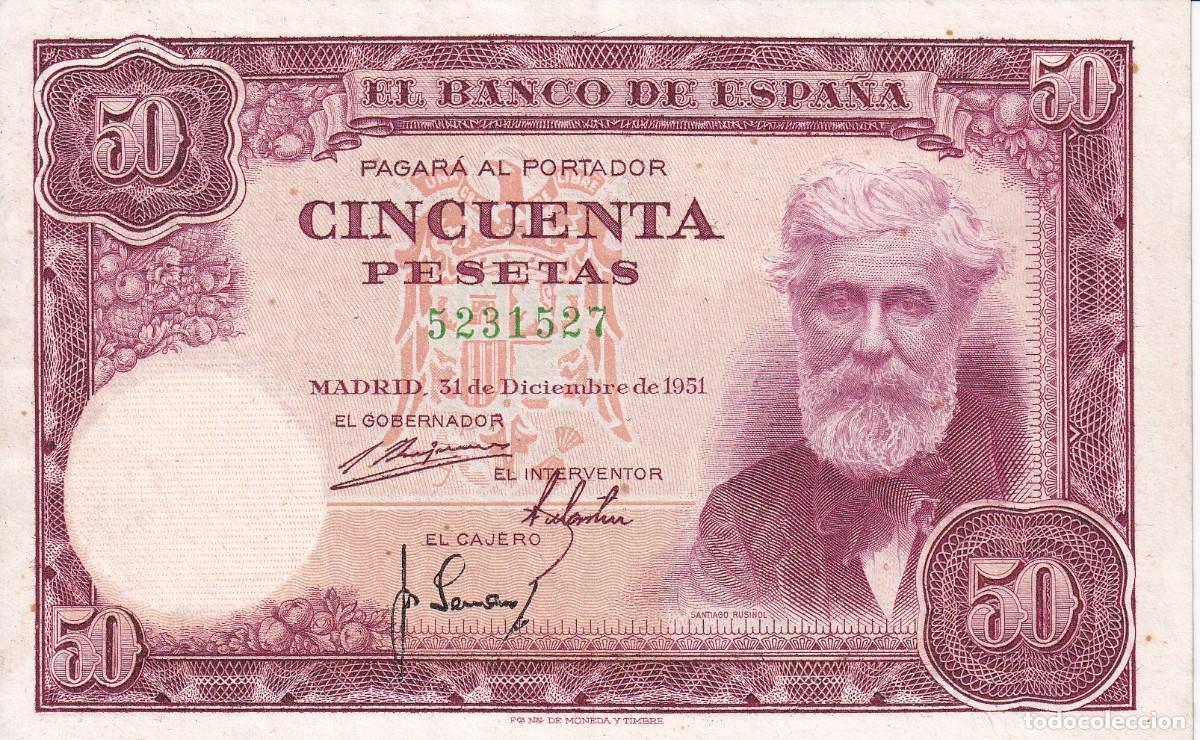 Banconote spagnole: BILLETE DE 50 PESETAS DEL A&Ntilde;O 1951 DE SANTIAGO RUSI&Ntilde;OL SIN SERIE CALIDAD EBC