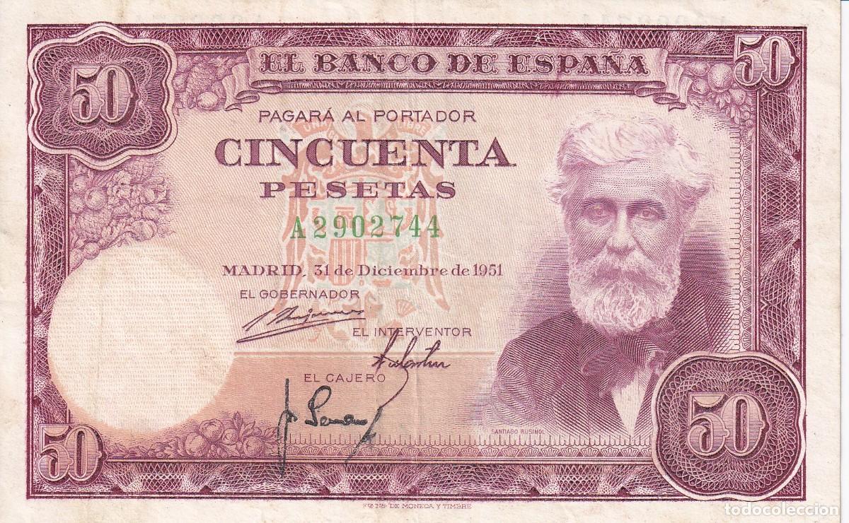 Banconote spagnole: BILLETE DE 50 PESETAS DEL A&Ntilde;O 1951 DE SANTIAGO RUSI&Ntilde;OL SERIE A EN BUENA CALIDAD