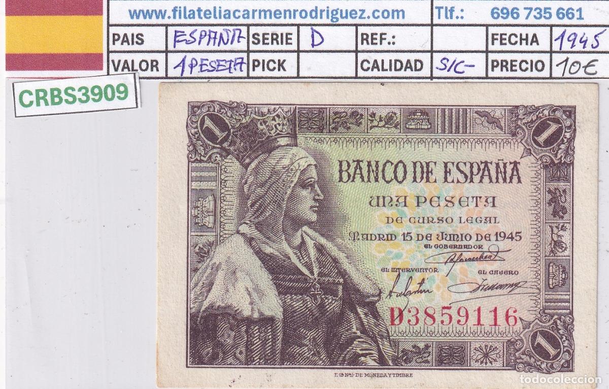 Billetes espa&ntilde;oles: CRBS3909 BILLETE ESPA&Ntilde;A 1 PESETA 1945 SERIE D 1945 S/C-