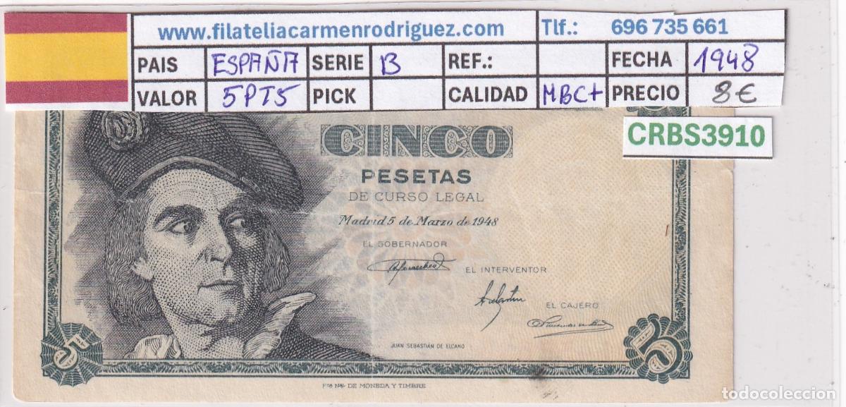 Billetes espa&ntilde;oles: CRBS3910 BILLETE ESPA&Ntilde;A 5 PESETAS 1948 SERIE B MBC+