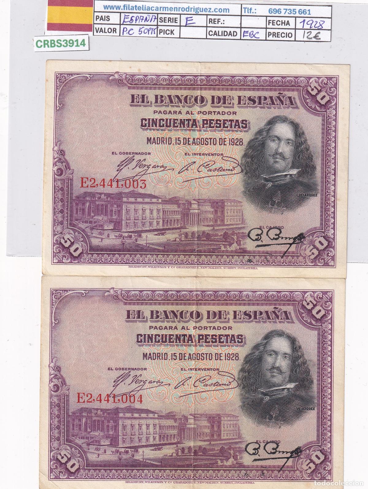 Billetes espa&ntilde;oles: CRBS3914 BILLETE ESPA&Ntilde;A PAREJA CORRELATIVA 50 PESETAS 1928 SERIE E EBC