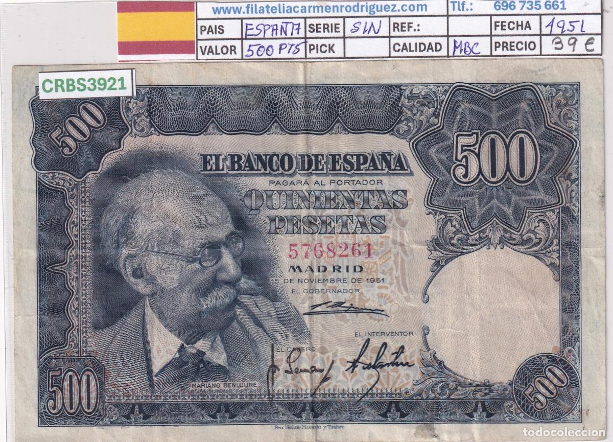 Billetes espa&ntilde;oles: CRBS3921 BILLETE ESPA&Ntilde;A 500 PESETAS 1951 SIN SERIE MBC