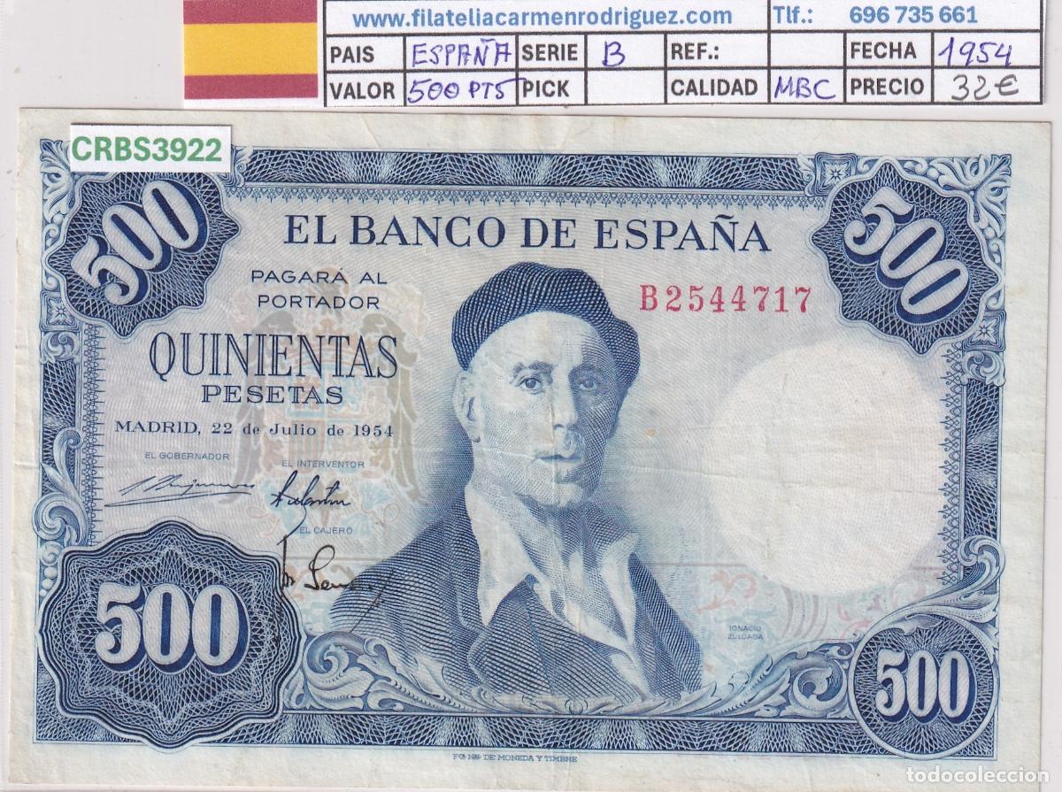 Billetes espa&ntilde;oles: CRBS3922 BILLETE ESPA&Ntilde;A 500 PESETAS 1954 SERIE B MBC