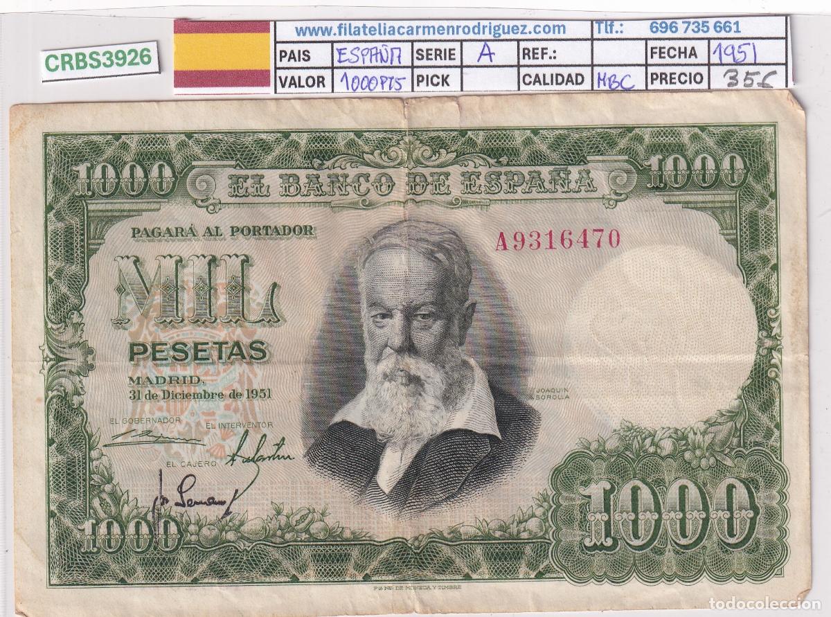 Billetes espa&ntilde;oles: CRBS3926 BILLETE ESPA&Ntilde;A 1000 PESETAS 1951 SERIE A MBC