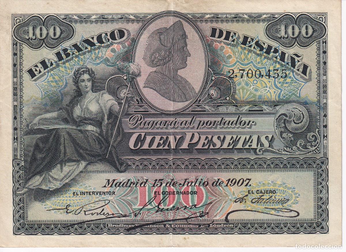 Notas espanholas: BILLETE CLASICO DE 100 PESETAS DEL A&Ntilde;O 1907 SIN SERIE EN BUENA CALIDAD (DIFICIL)
