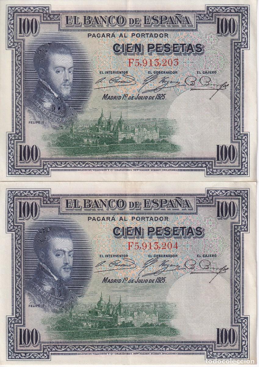 Notas espanholas: PAREJA CORRELATIVA DE 100 PESETAS DEL A&Ntilde;O 1925 SERIE F EN CALIDAD EBC