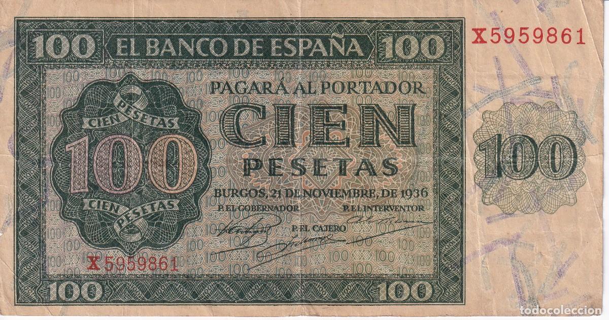 Notas espanholas: BILLETE DE BURGOS DE 100 PESETAS DEL A&Ntilde;O 1936 DE LA SERIE X