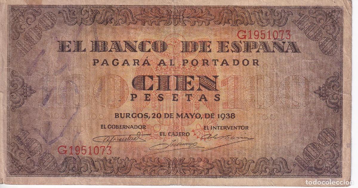 Notas espanholas: BILLETE DE BURGOS DE 100 PESETAS DEL A&Ntilde;O 1938 DE LA SERIE G