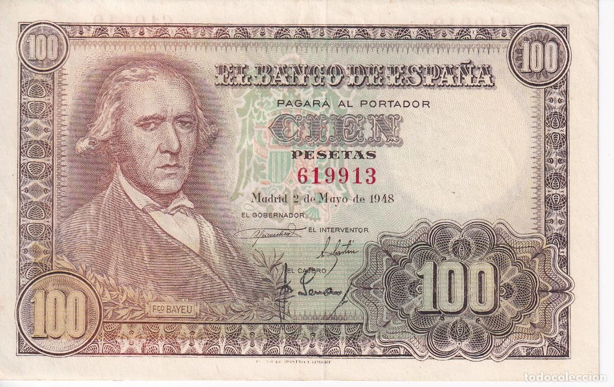 Banconote spagnole: BILLETE DE ESPA&Ntilde;A DE 100 PESETAS DEL 2/05/1948 FRANCISCO BAYEU SIN SERIE EN CALIDAD EBC