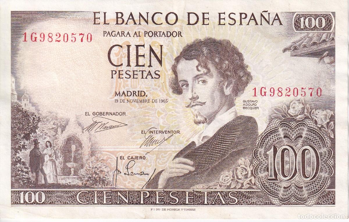 Notas espanholas: BILLETE DE 100 PESETAS DEL A&Ntilde;O 1965 SERIE 1G EN BUENA CALIDAD (BECQUER)