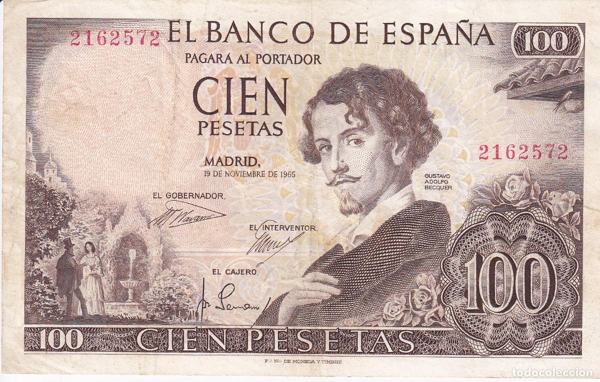 Notas espanholas: BILLETE DE 100 PESETAS DEL A&Ntilde;O 1965 DE ADOLFO BECQUER SIN SERIE (RARO)
