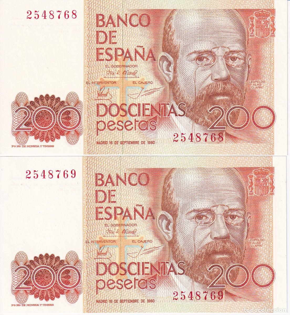 Notas espanholas: PAREJA CORRELATIVA DE 200 PESETAS DEL A&Ntilde;O 1980 SIN SERIE, SIN CIRCULAR (SC) (ALAS CLARIN)