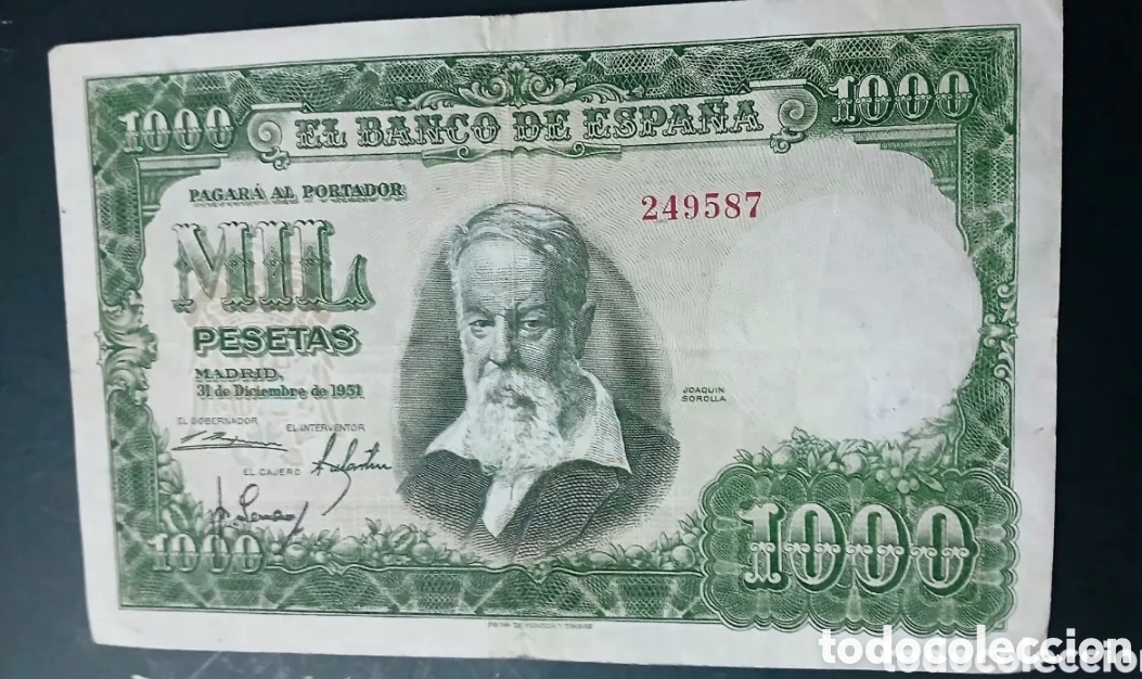 Notas espanholas: BILLETE DE 1000PTS 1951 JOAQU&Iacute;N SOROLLA SIN SERIE N&Uacute;MERO MUY BAJO EN EBC