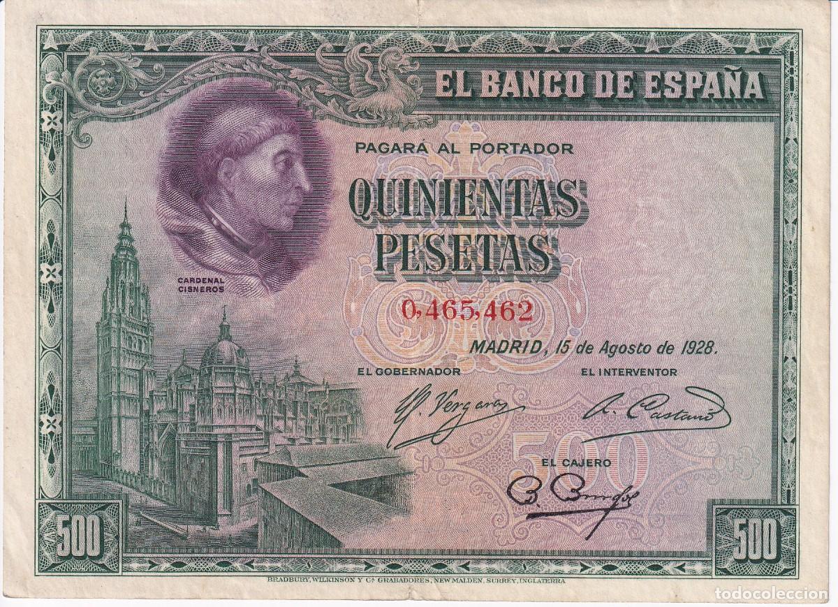 Notas espanholas: BILLETE DE ESPA&Ntilde;A DE 500 PESETAS DEL A&Ntilde;O 1928 DEL CARDENAL CISNEROS EN CALIDAD EBC