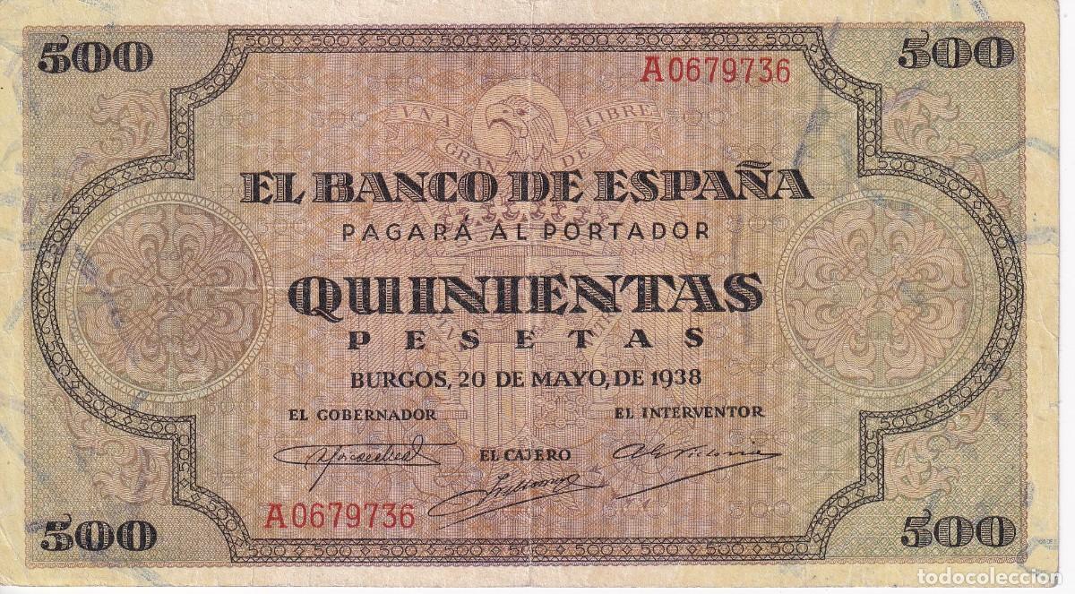 Spanish Banknotes: BILLETE DE BURGOS DE 500 PESETAS DEL A&Ntilde;O 1938 SERIE A (DIFICIL)