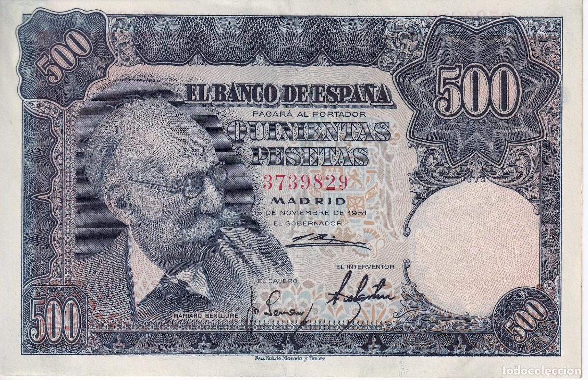 Notas espanholas: BILLETE DE 500 PESETAS DEL A&Ntilde;O 1951 DE MARIANO BENLLIURE SIN SERIE EN CALIDAD EBC