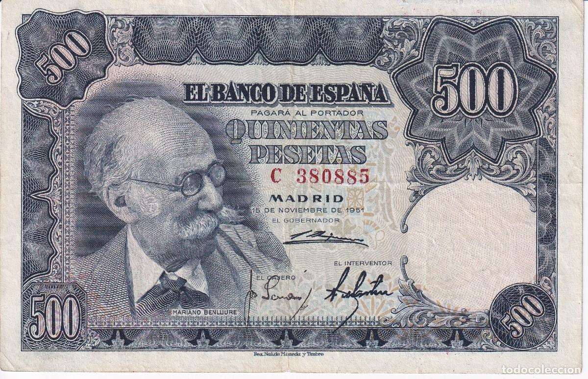 Notas espanholas: BILLETE DE 500 PESETAS DEL A&Ntilde;O 1951 DE MARIANO BENLLIURE SERIE C