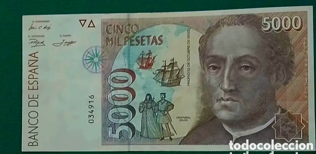 Notas espanholas: BILLETE 5000 PTS CRIST&Oacute;BAL COL&Oacute;N 1992 SIN SERIE Y N&Uacute;MERO MUY BAJO 034916