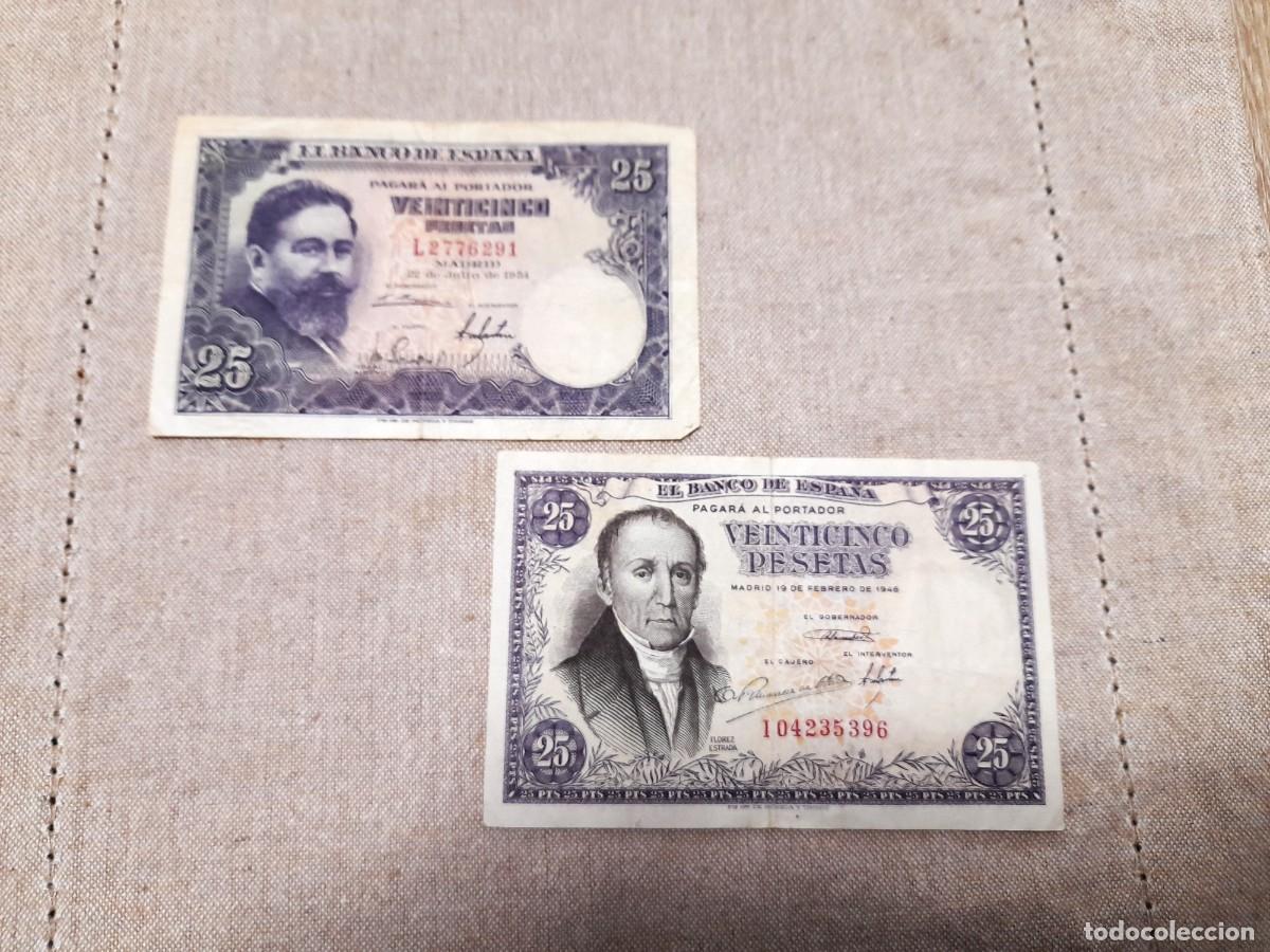 Billetes espa&ntilde;oles: 2 billetes de 25 Pesetas 1946 y 1954