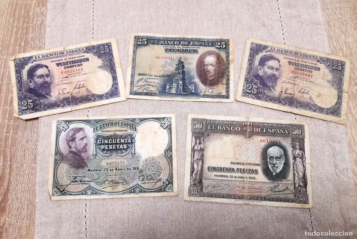 Billetes espa&ntilde;oles: 5 billetes de 25 y 50 Pesetas varios a&ntilde;os