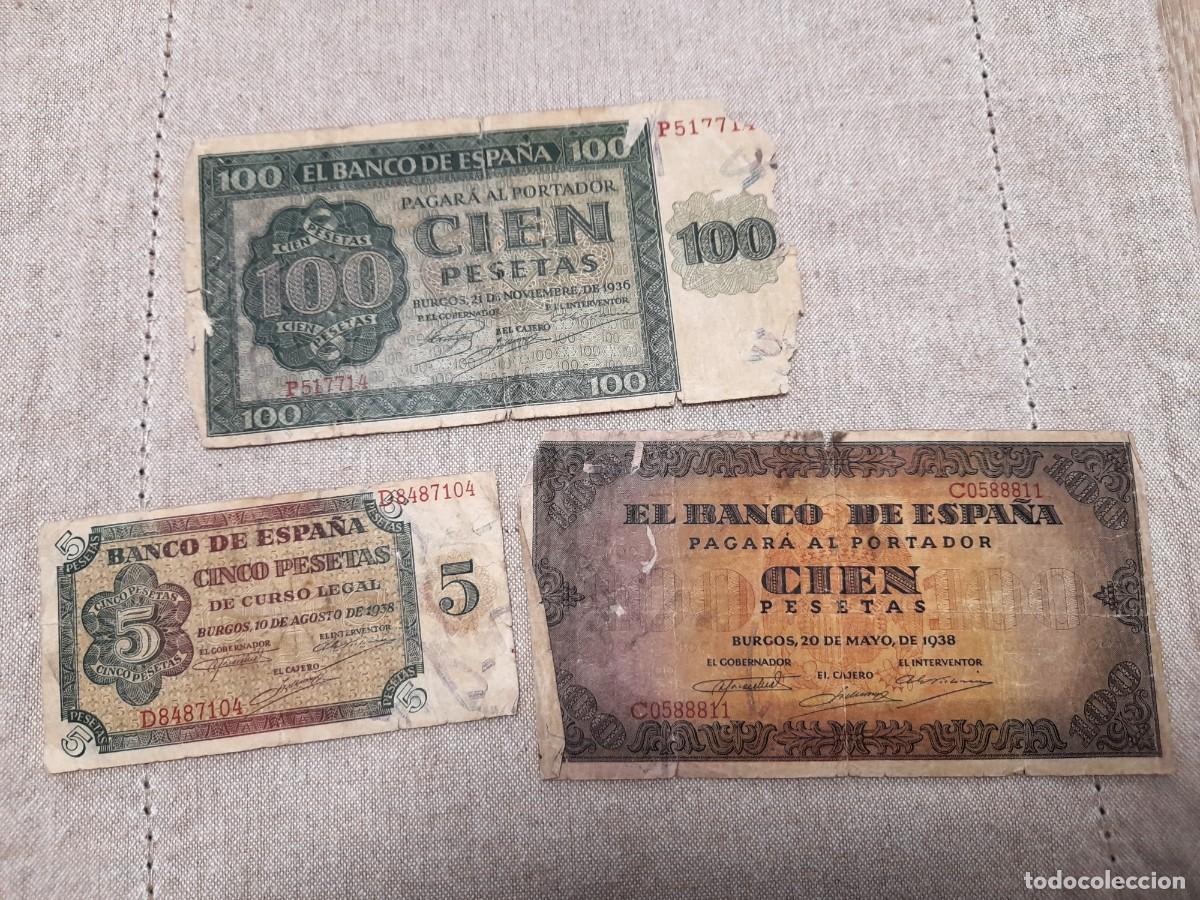 Billetes espa&ntilde;oles: 3 billetes de 5 y 100 Pesetas 1936 y 1938, Burgos