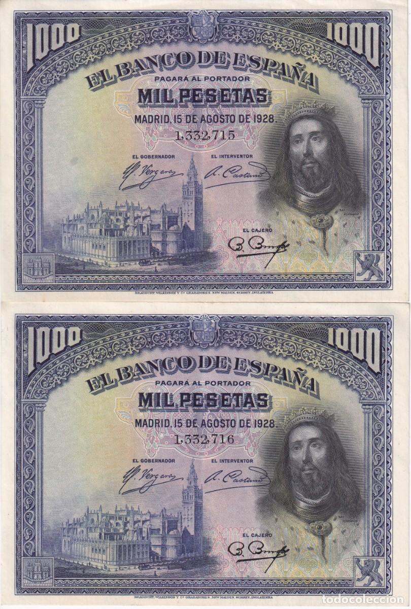 Spanish Banknotes: PAREJA CORRELATIVA DE 1000 PESETAS DEL A&Ntilde;O 1928 EN CALIDAD EBC (SAN FERNANDO)