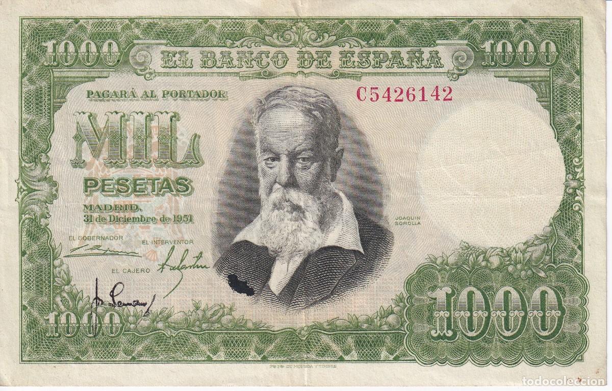 Spanish Banknotes: BILLETE DE 1000 PESETAS DEL A&Ntilde;O 1951 DEL PINTOR JOAQUIN SOROLLA SERIE C EN BUENA CALIDAD