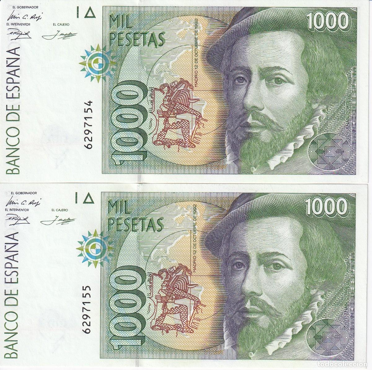 Spanish Banknotes: PAREJA CORRELATIVA DE 1000 PESETAS DEL A&Ntilde;O 1992 DE HERNAN CORTES SIN SERIE, SIN CIRCULAR (SC)